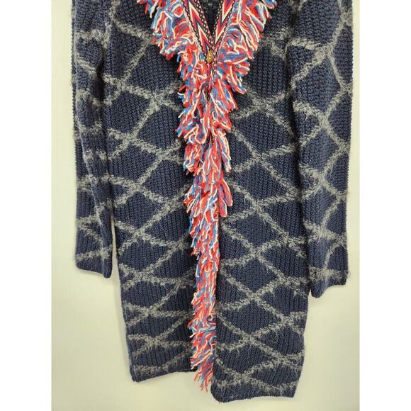 NWT Tory Burch Tweed Trim Long Cardigan Size S Navy Fringe Knit $898 #2K501 - Picture 5 of 13